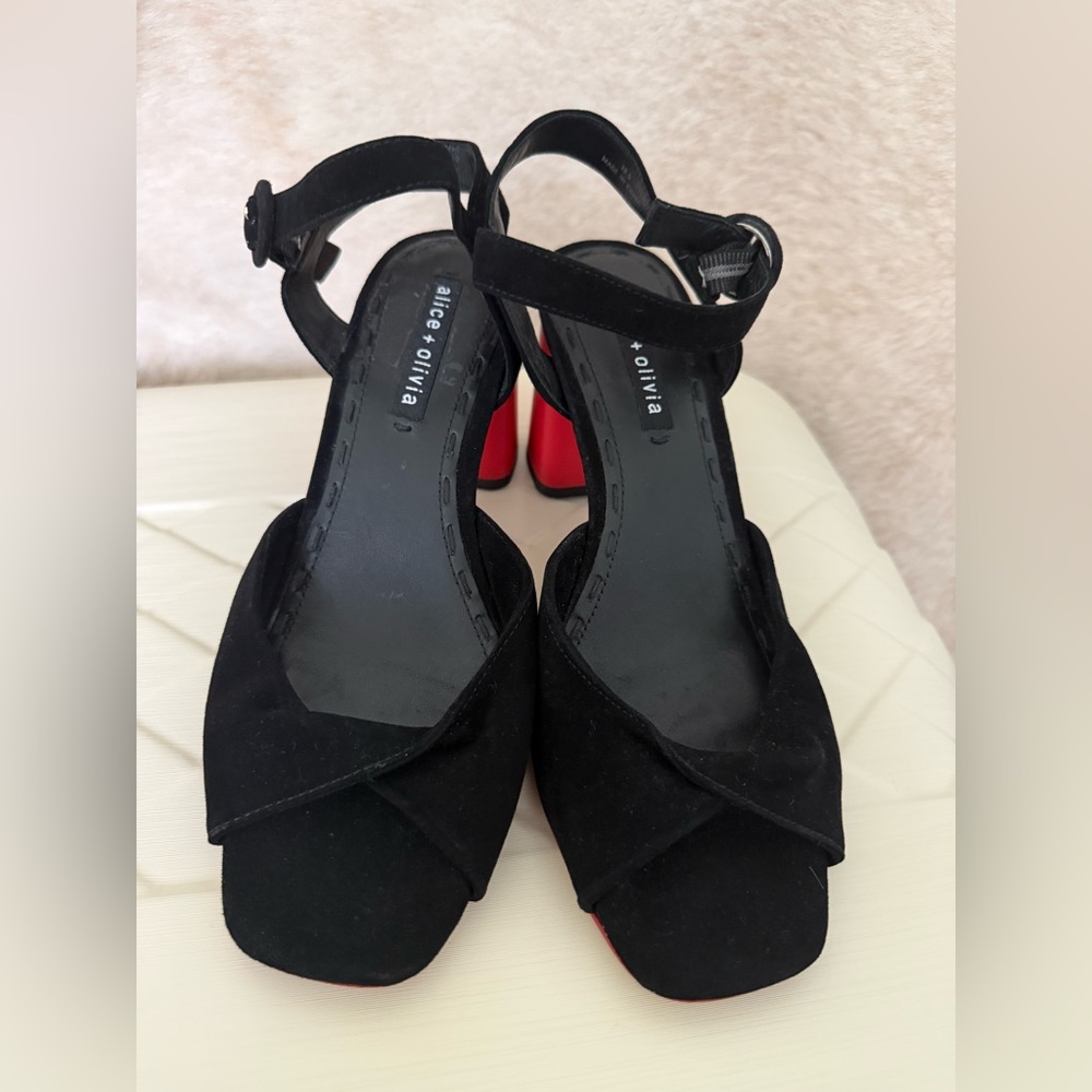 NEW! Alice + Olivia black suede red heel block ankle strap shoes sandals - Picture 7 of 8